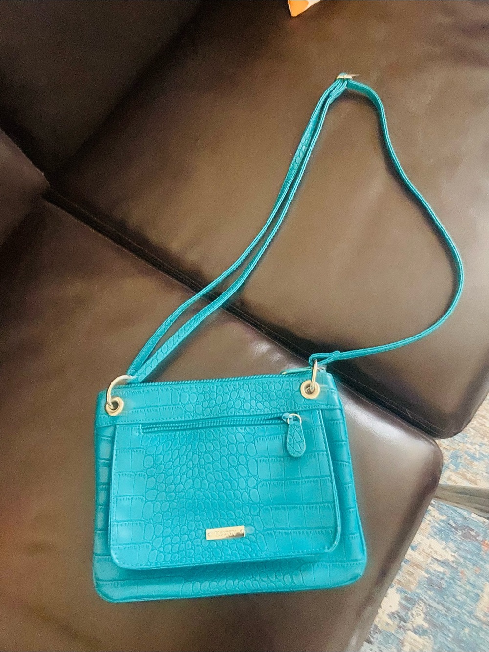 Turquoise Croc-Embossed Crossbody Shoulder Bag